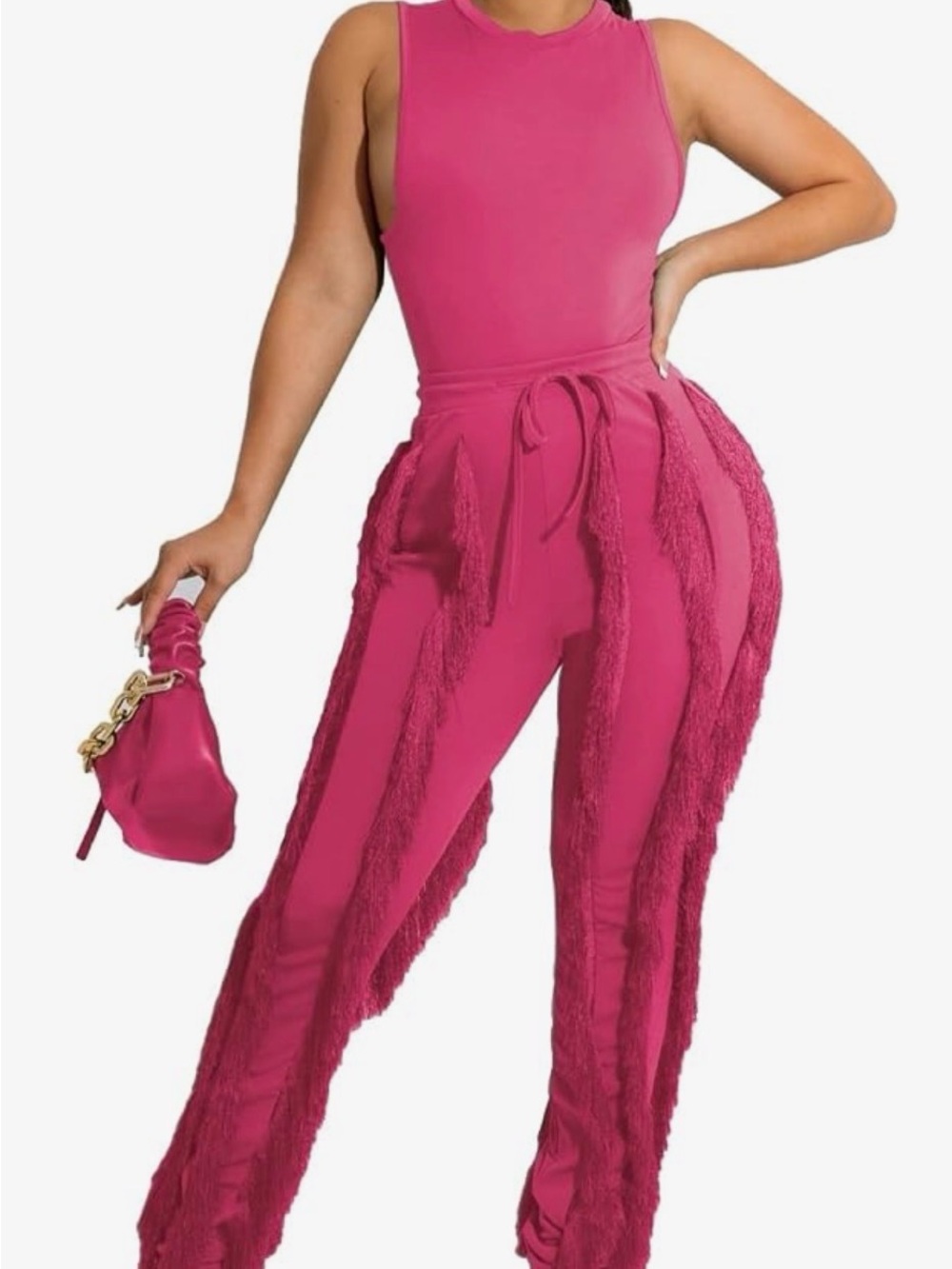 Women's Fuchsia (Hot Pink) Fringe Wide-Leg Jumpsuit Pants